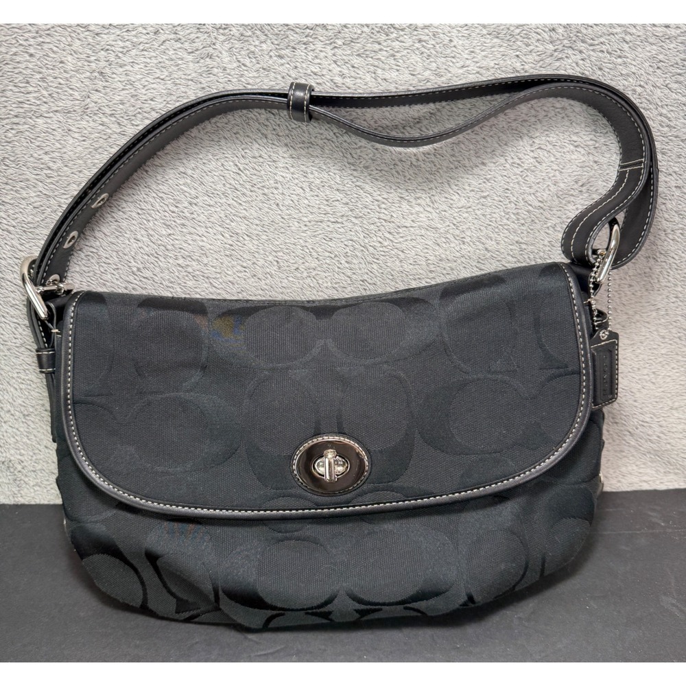 Coach Shoulder Flap Bag Medium Black Signature C Canvas Turnlock F15171